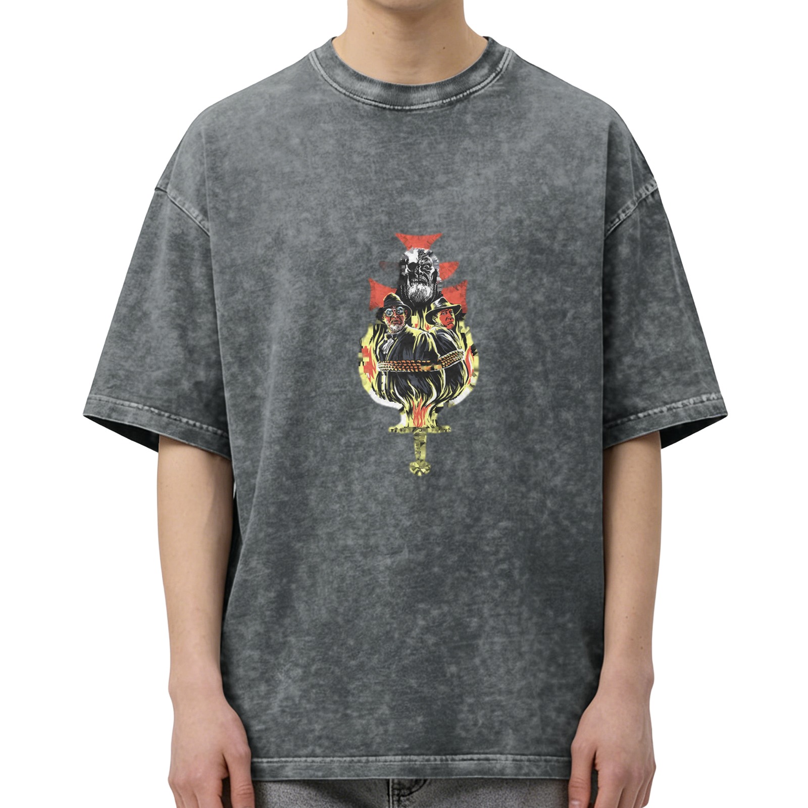 Oversized Acid Wash Graphic T-Shirt With Medieval Cross And Flames Print
