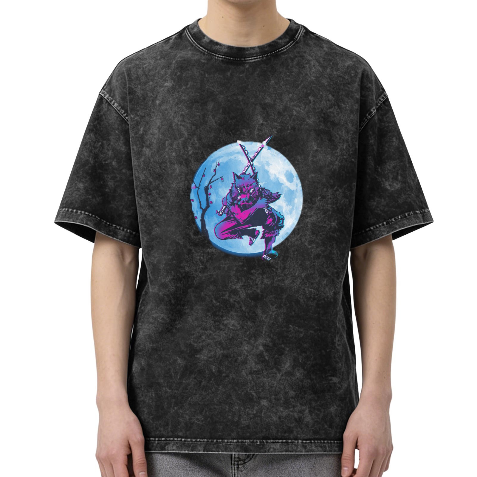 Washed Black Oversized T-Shirt With Cyberpunk Wolf Ninja Moon Graphic