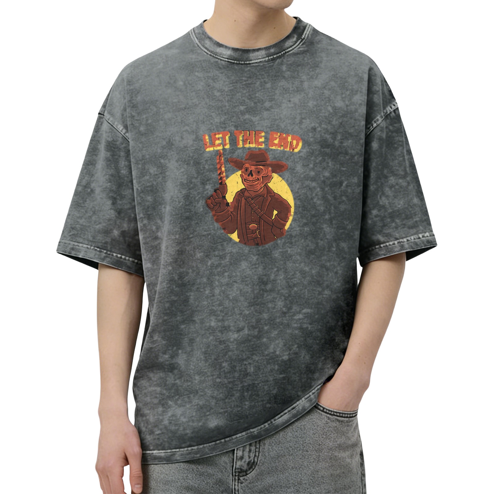 Washed Black T-Shirt With Skeleton Cowboy Graphic Print