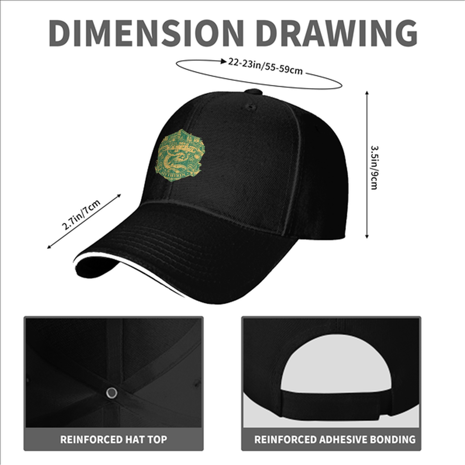 Black baseball cap with Slytherin Quidditch crest design