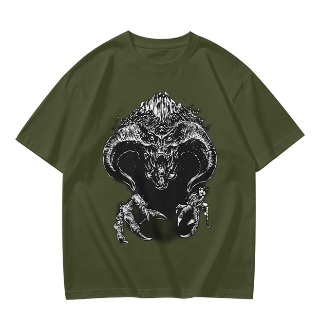 Olive T-Shirt With Dark Fantasy Demon Monster Graphic Print
