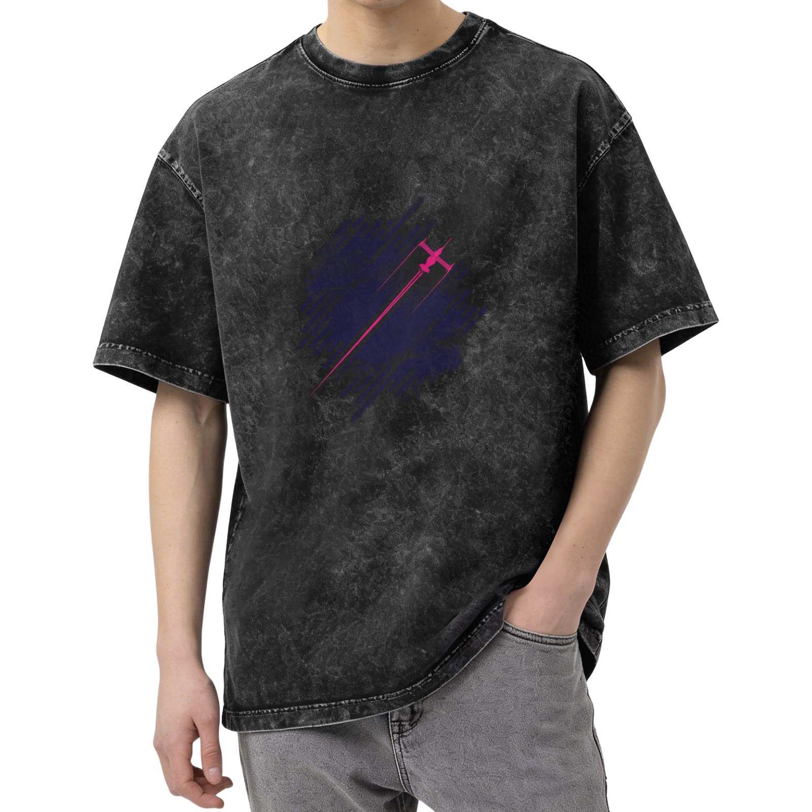 Distressed washed black loose short-sleeved T-shirt with pink and purple fighter print