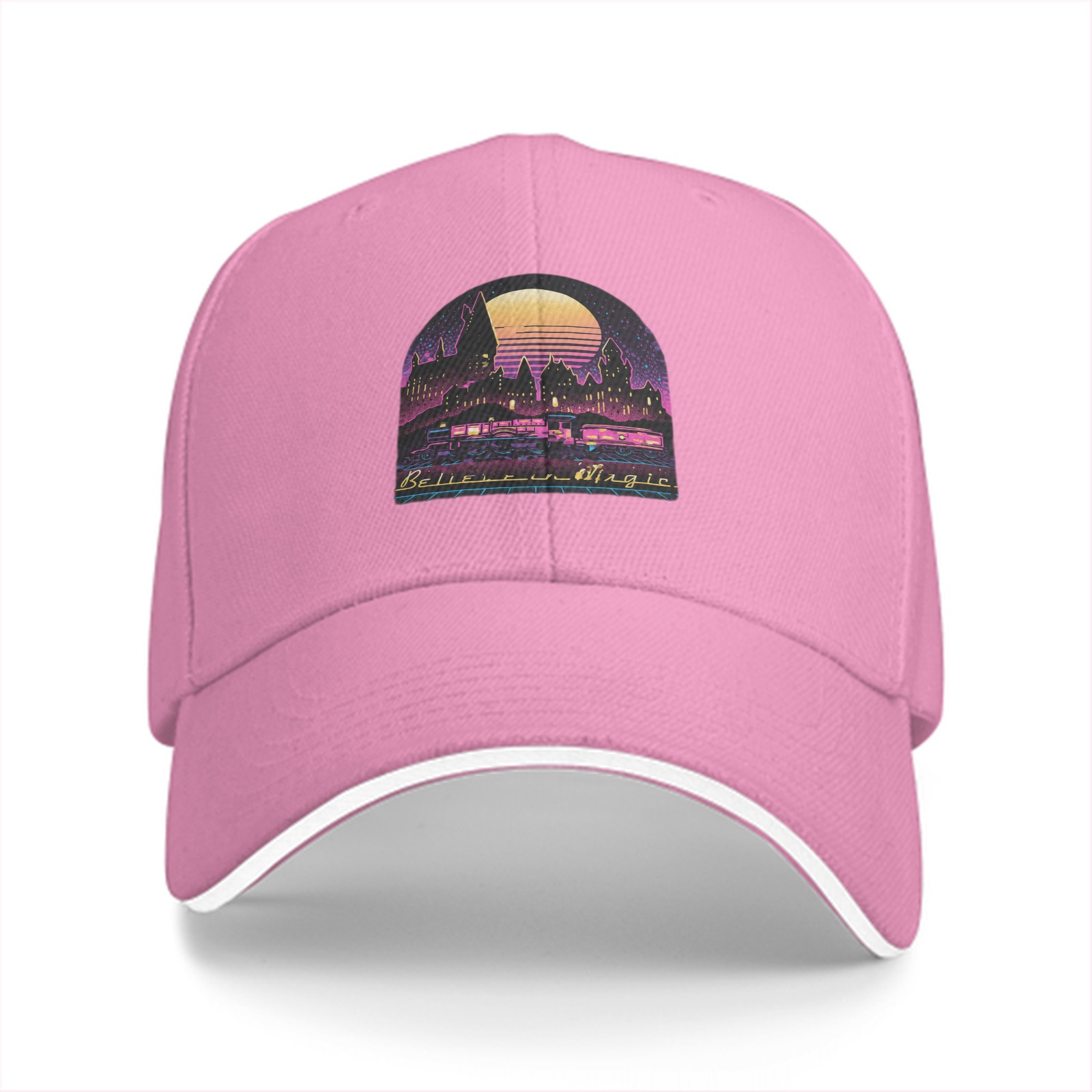 Black Baseball Cap With Neon Magic Castle Sunset Graphic
