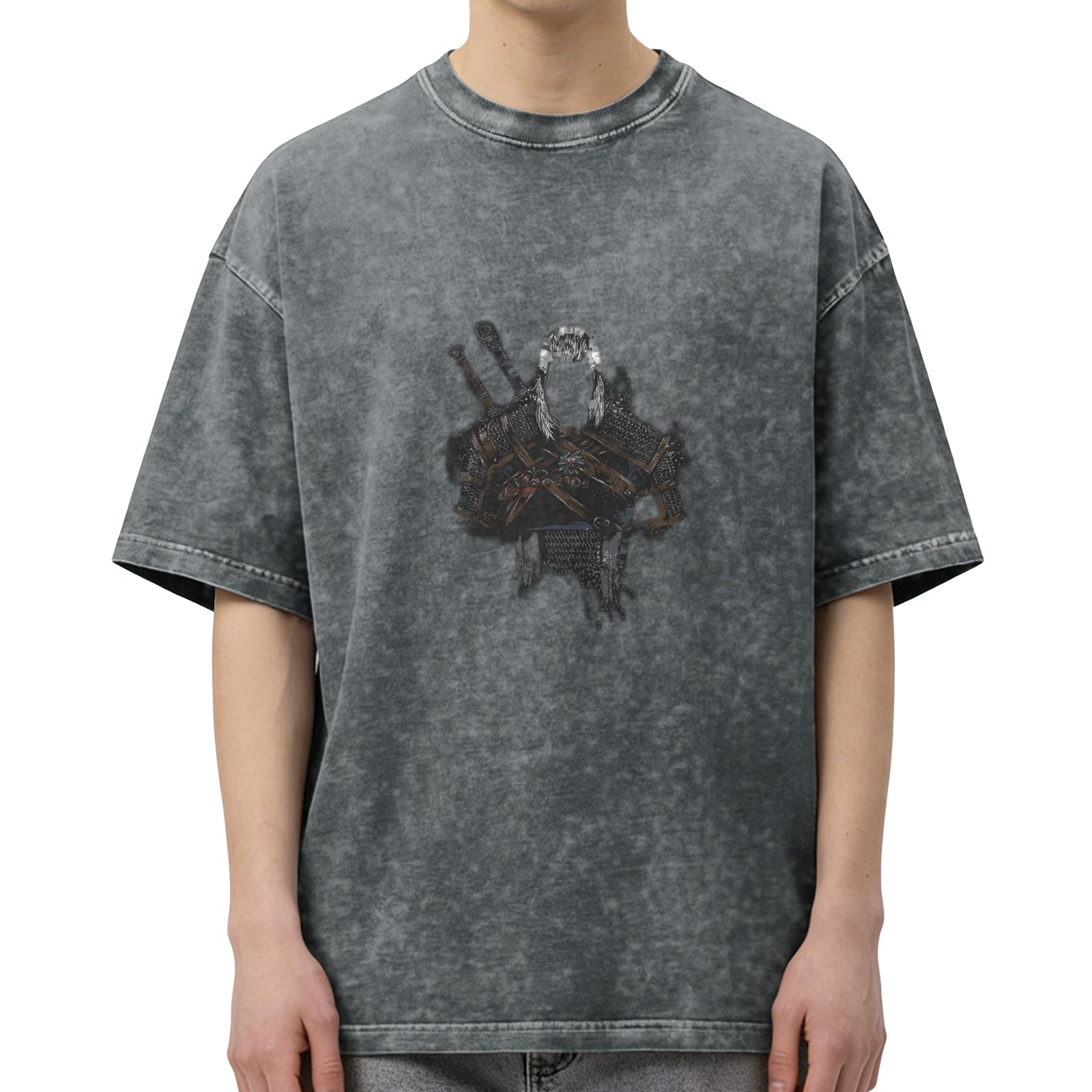 Distressed black loose short-sleeved T-shirt The Witcher 3 Geralt print