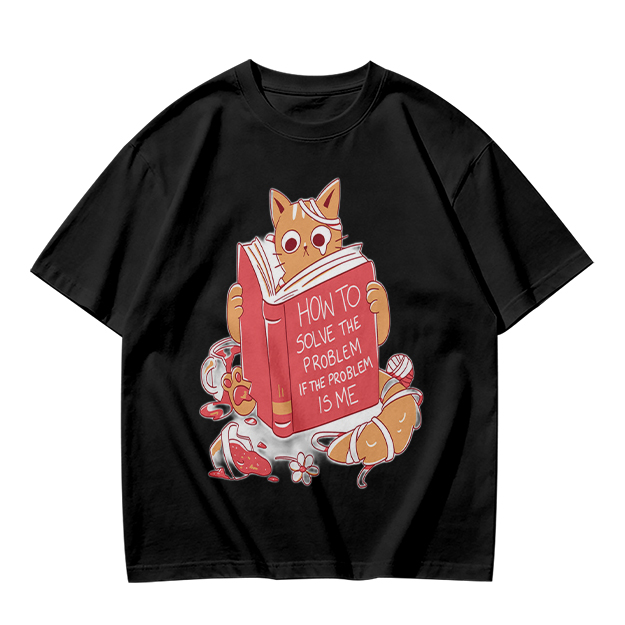 Olive T-Shirt With Ginger Cat Reading Self-Help Book Print