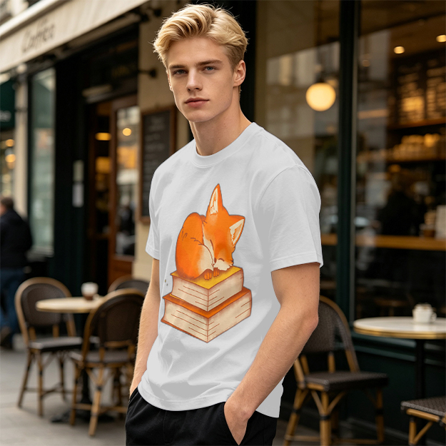 Olive T-Shirt With Sleeping Fox On Stacked Books Print
