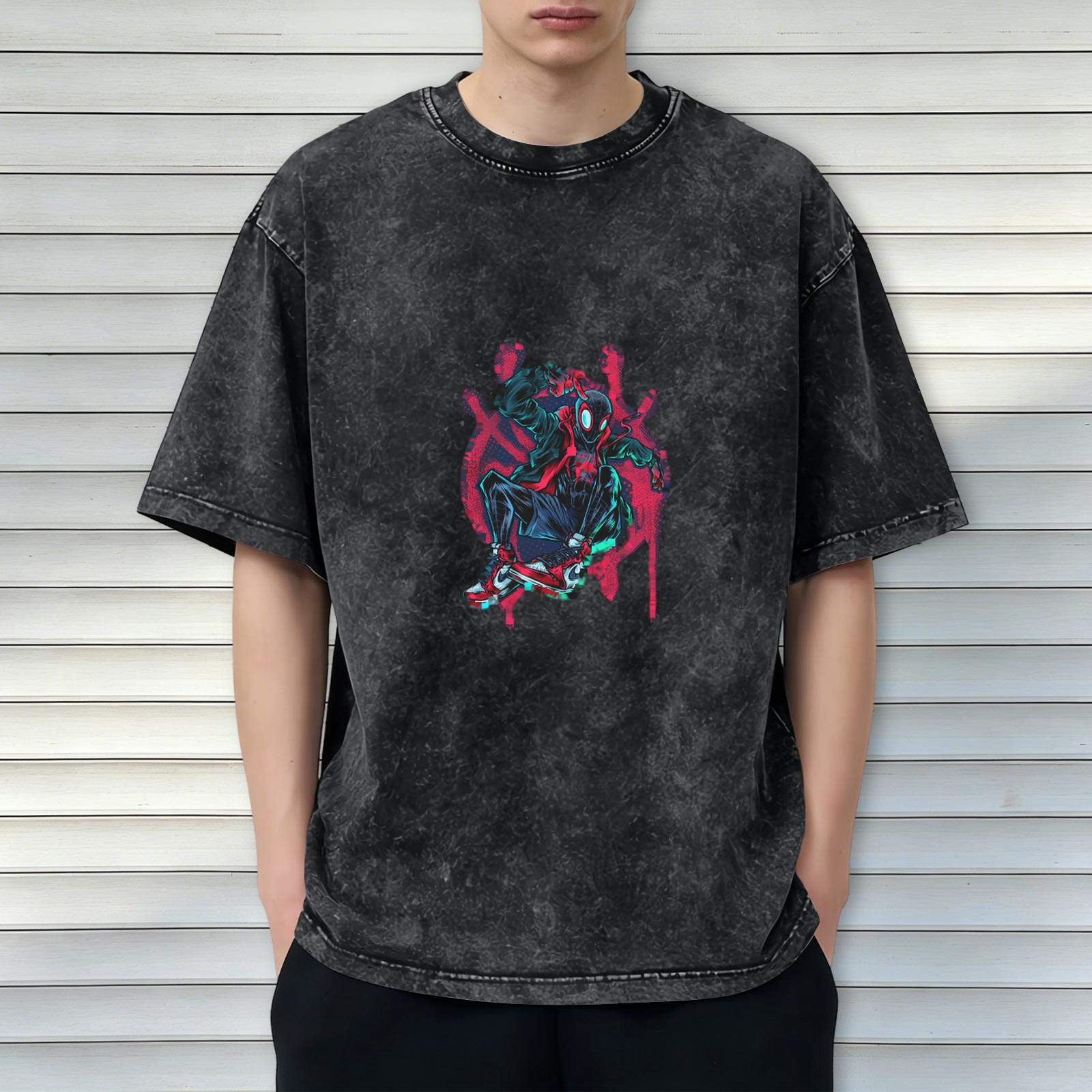 Washed distressed black short-sleeved T-shirt Miles Spider-Man printed street fashion loose top