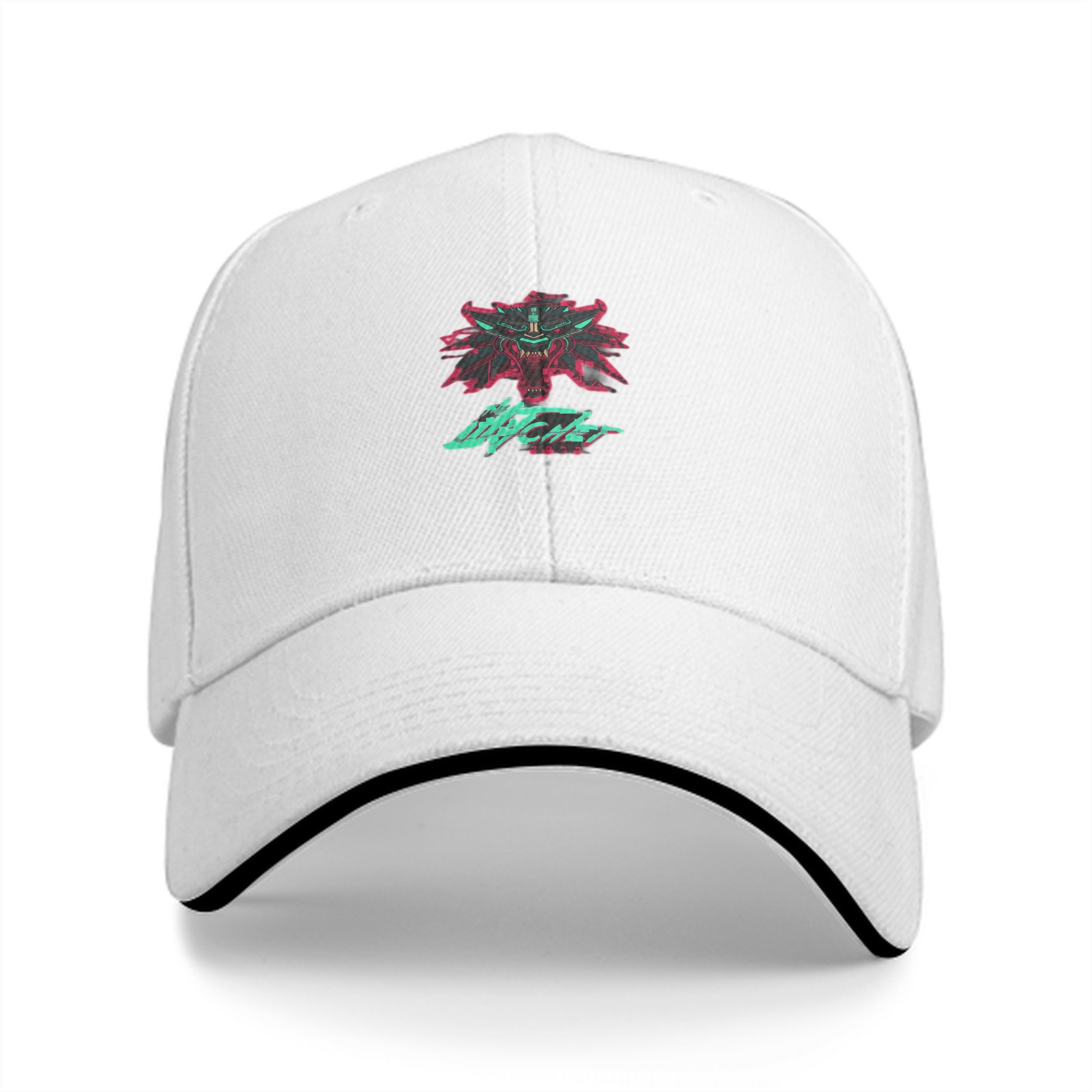 Black baseball cap with cyberpunk witcher wolf emblem graphic