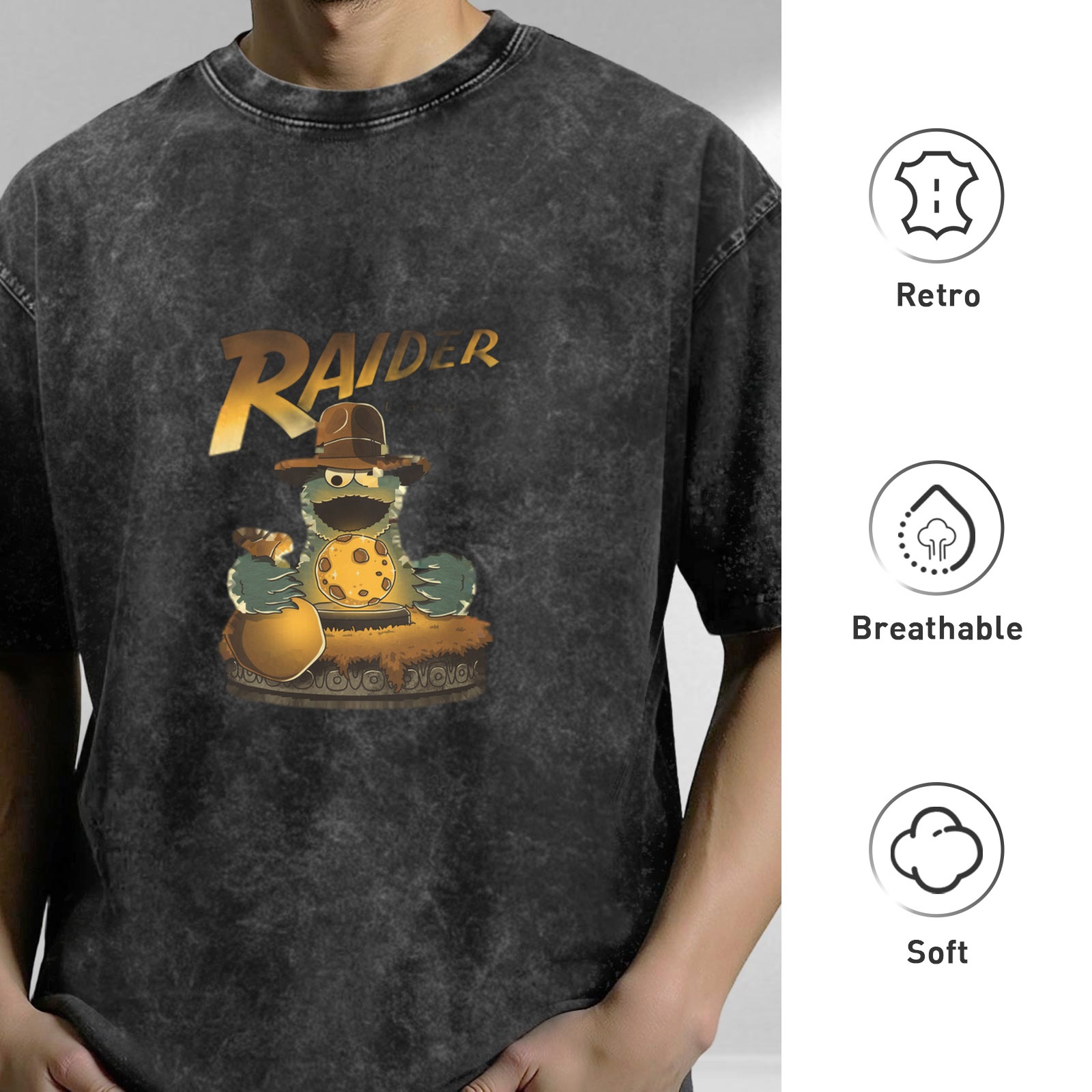 Washed black t-shirt with Cookie Monster Raiders graphic print