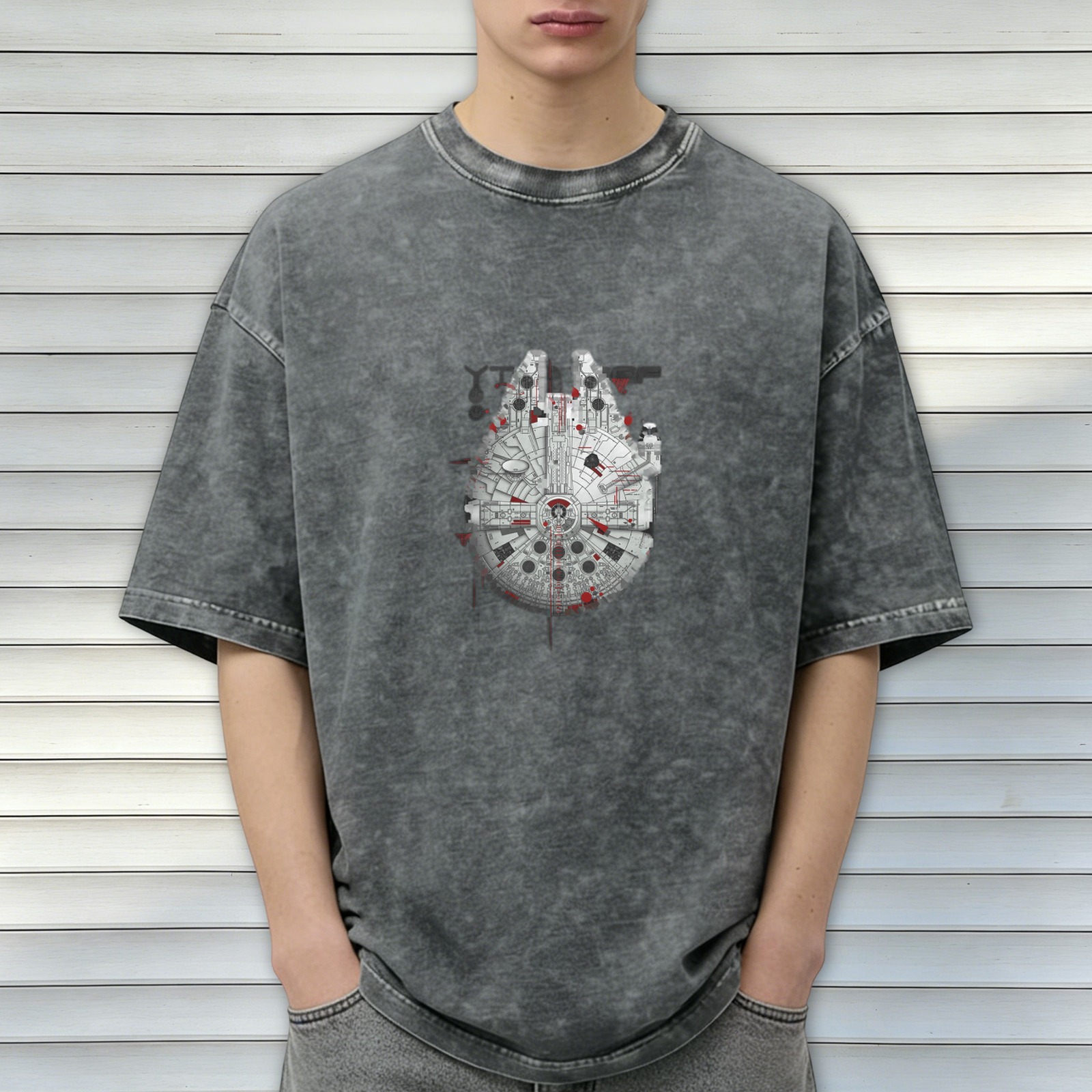 Distressed black short-sleeved T-shirt Star Wars Millennium Falcon pattern casual loose style