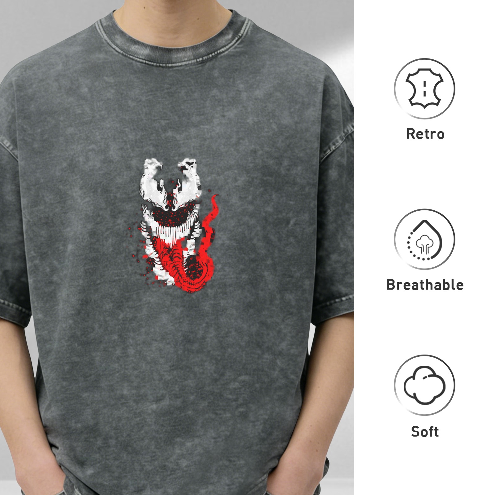 Oversized Acid Wash T-Shirt with Venom Graphic Print
