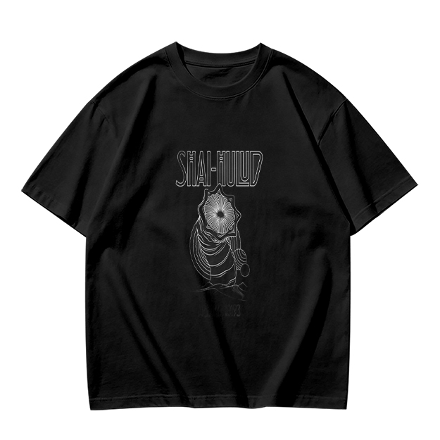Olive green graphic t-shirt with masked figure print