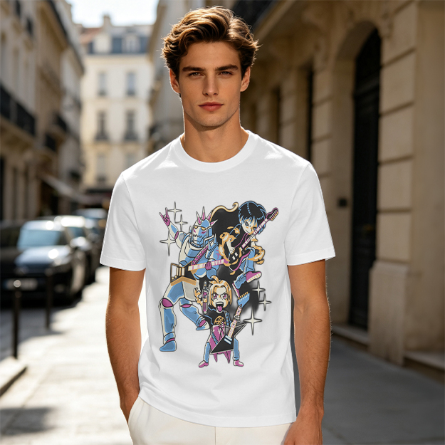 Olive T-shirt with Anime Rock Band Characters Graphic