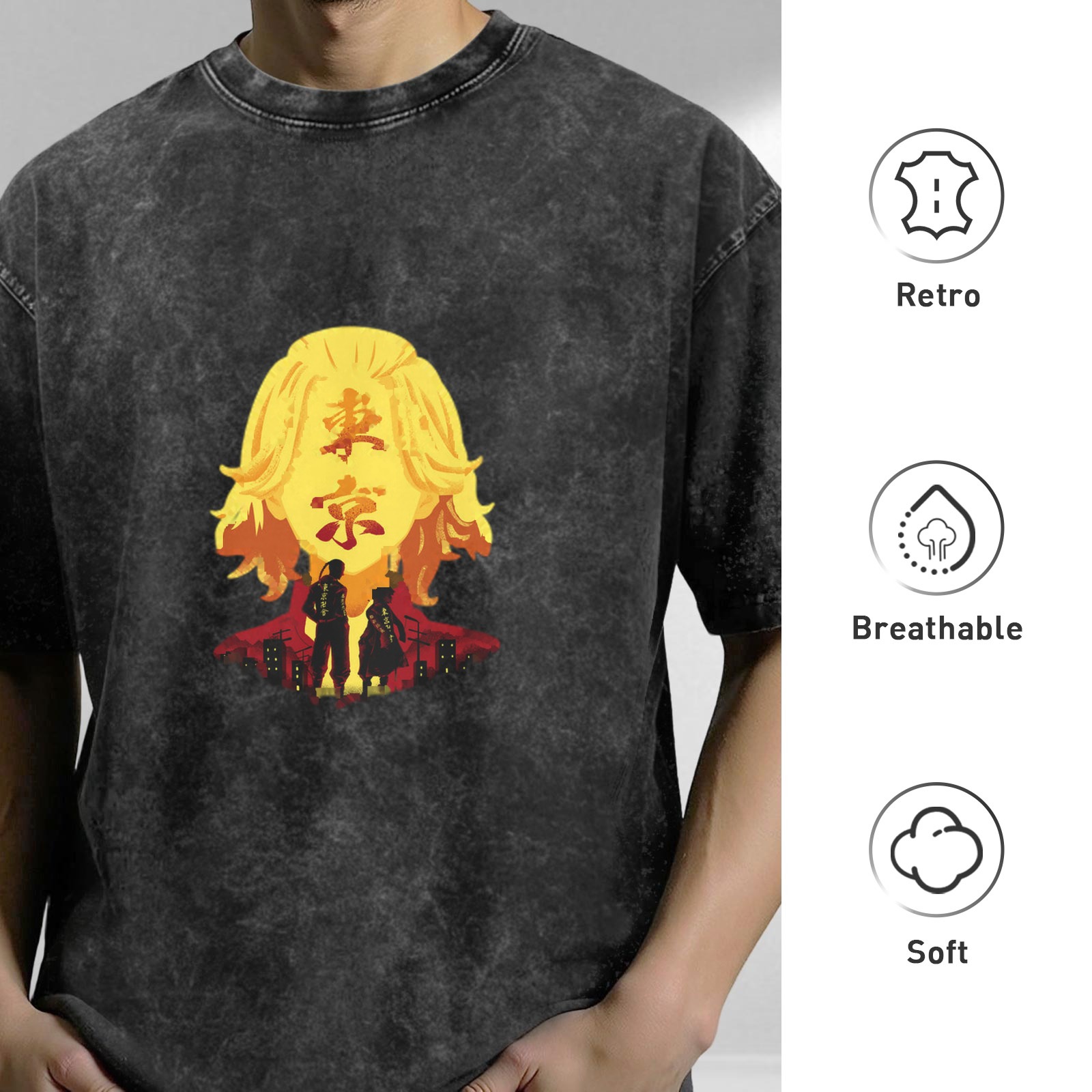 Tokyo Avengers anime theme washed distressed black loose short-sleeved T-shirt