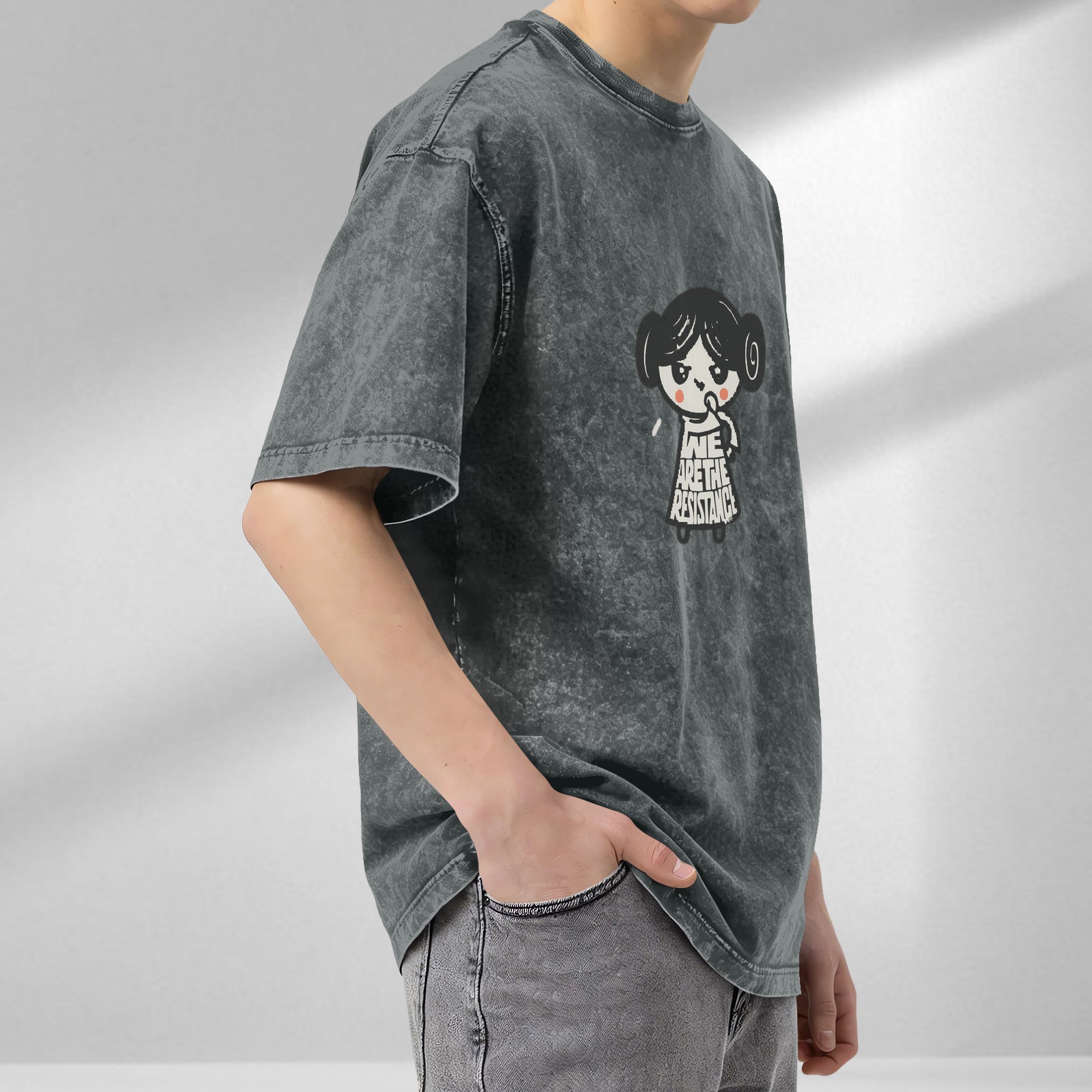 Washed Black T-Shirt With Cute Princess Leia We Are The Resistance Print