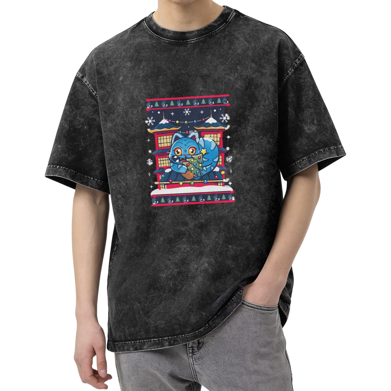Oversized Dark Wash T-Shirt With Blue Cat Christmas Japanese Graphic