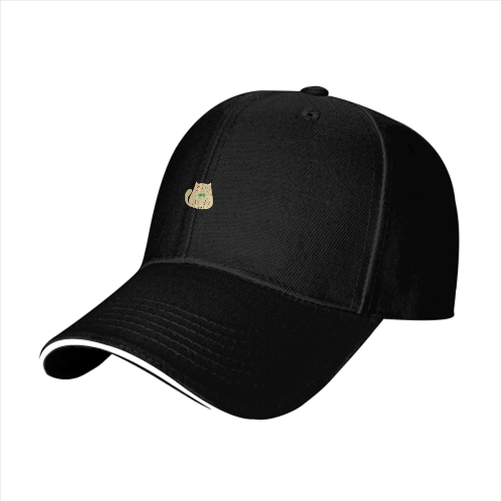 Black Baseball Cap With Cute Light Brown Cat Embroidery