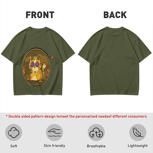 Olive T-Shirt With Flaming Royal Cat Wearing Sunglasses Print