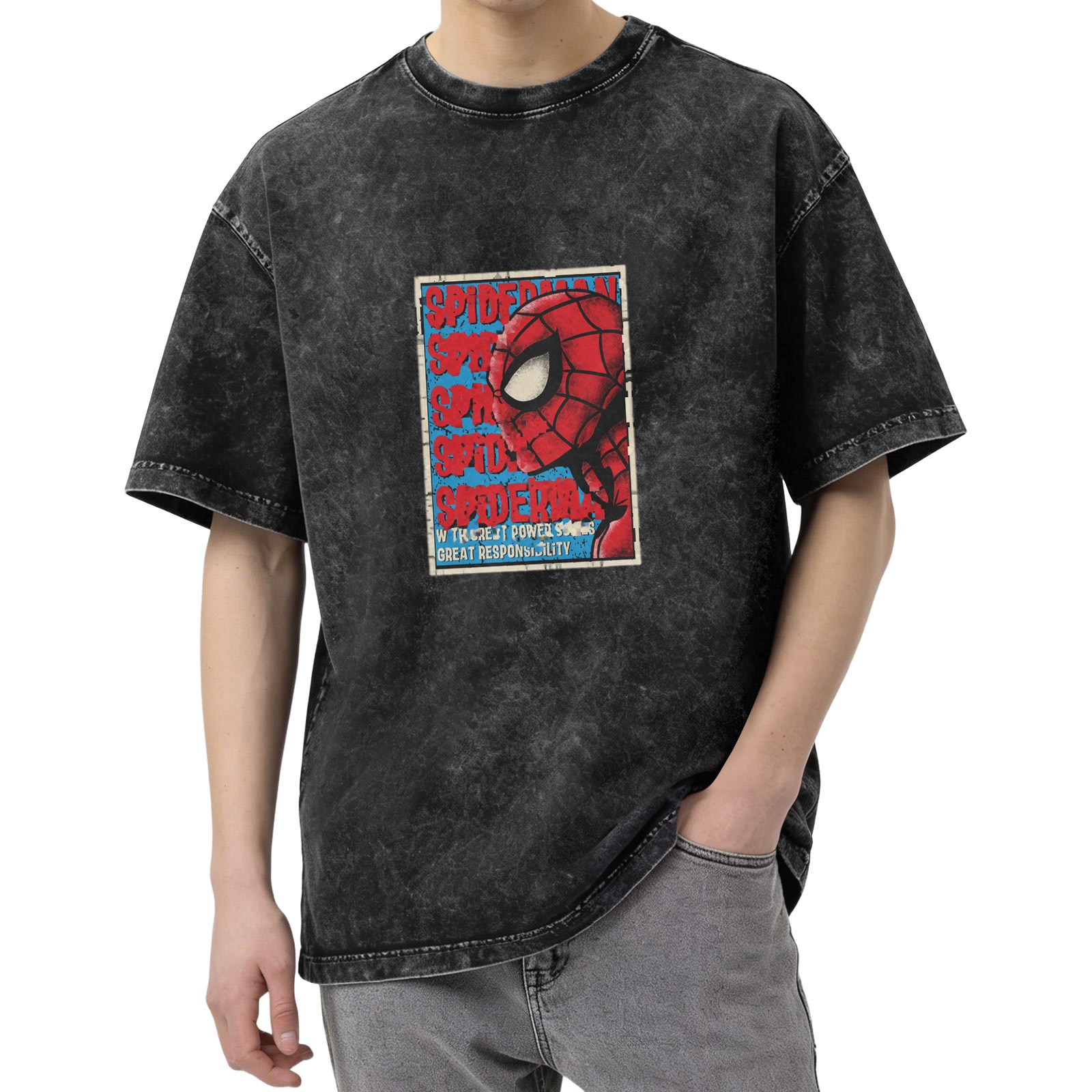 Washed Black Spider-Man Graphic Oversized T-Shirt