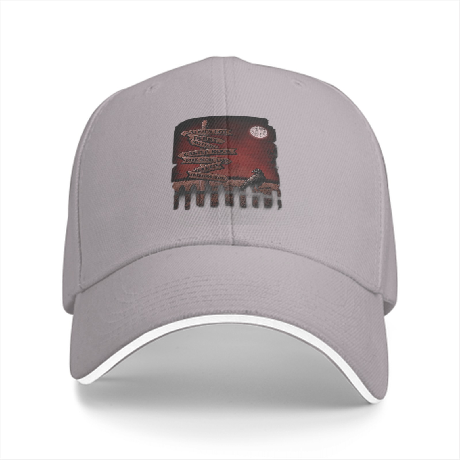 Black baseball cap with spooky graveyard signpost crow print