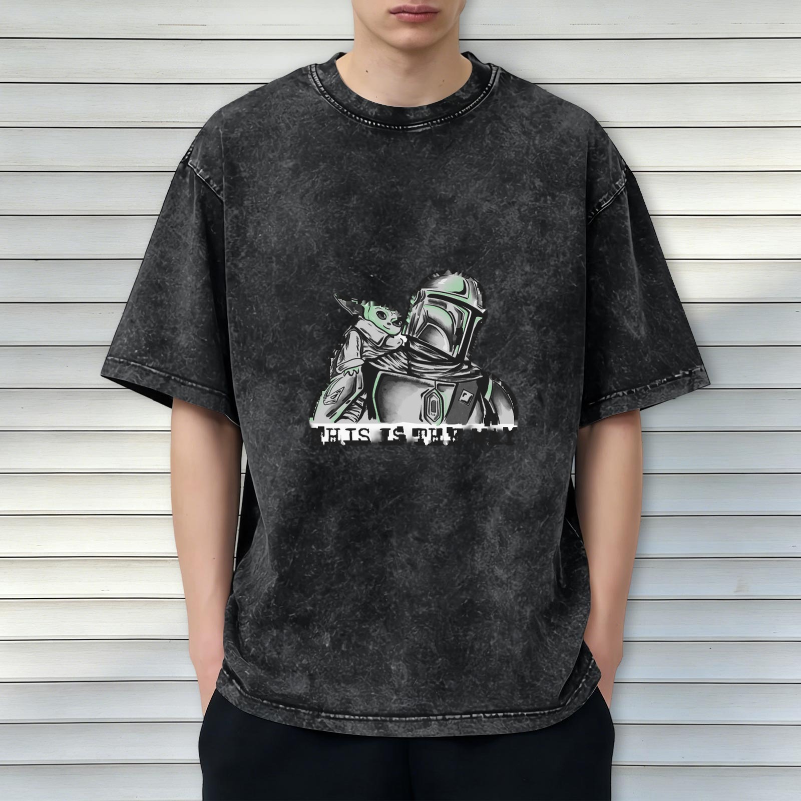 Washed Cotton T-Shirt with Mandalorian and Child Graphic