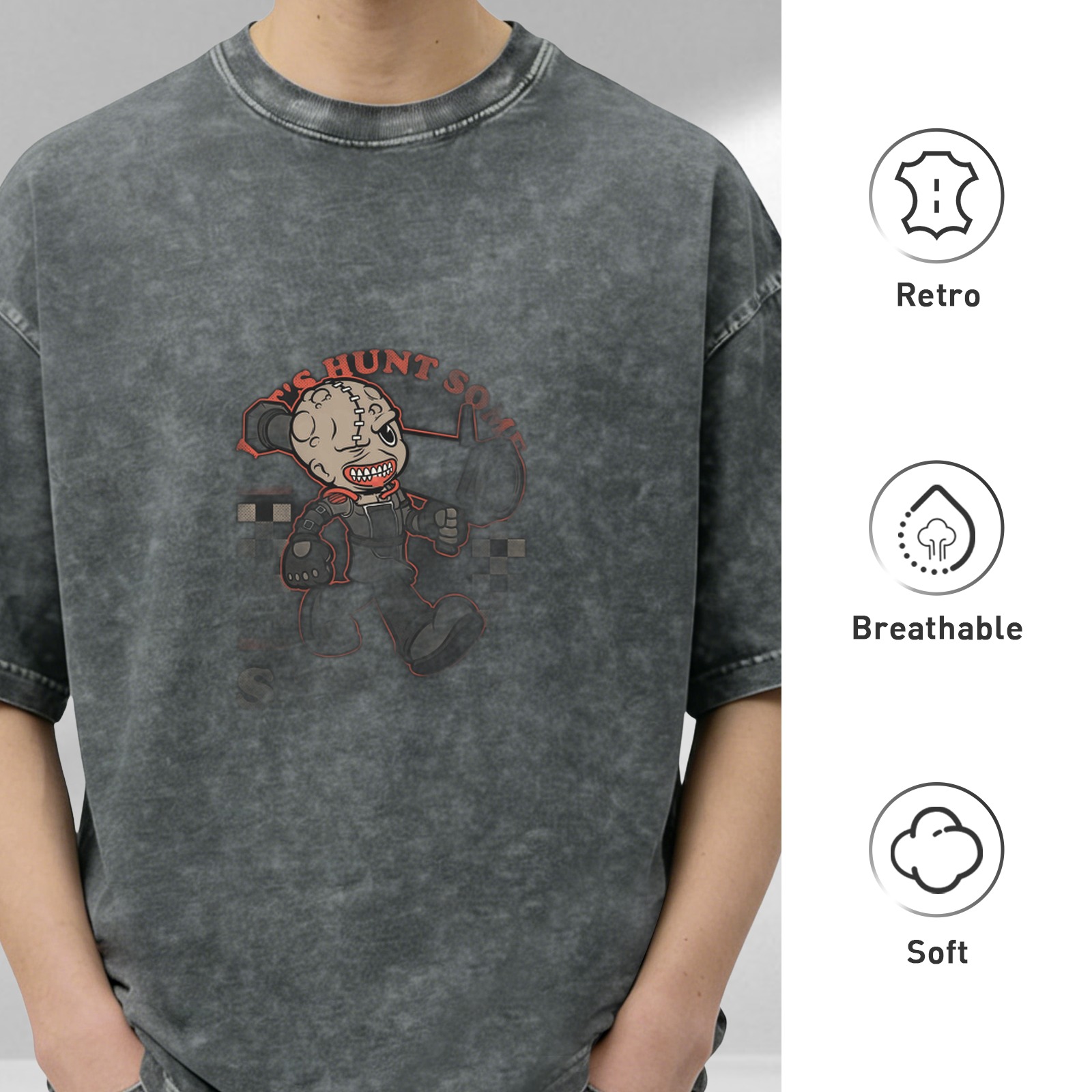 Washed Black Graphic T-Shirt With Stitched Horror Character Print