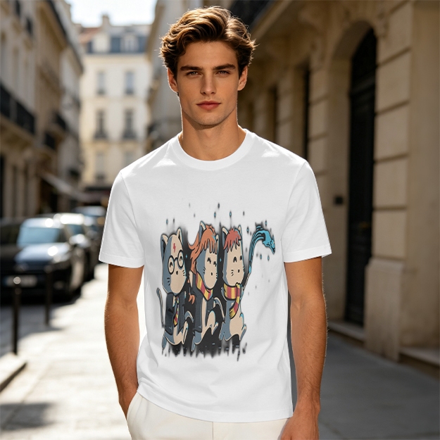 Olive T-Shirt With Harry Potter Themed Cat Trio Print