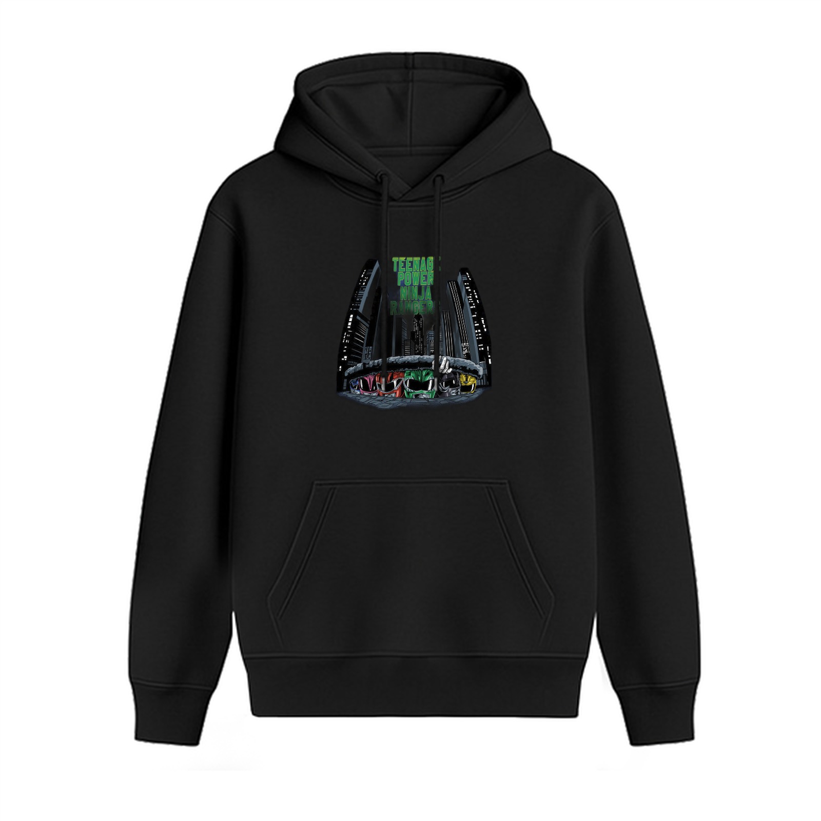 Black hoodie with Teenage Mutant Ninja Turtles cityscape graphic