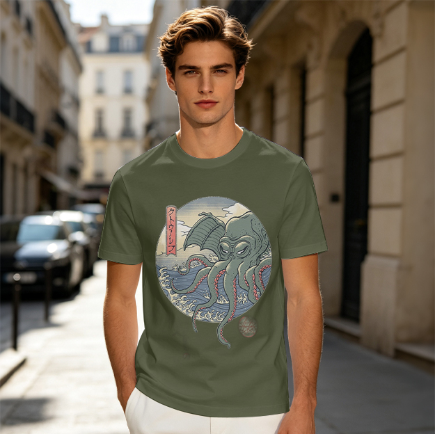 Olive T-shirt with Ukiyo-e Style Cthulhu Octopus Print