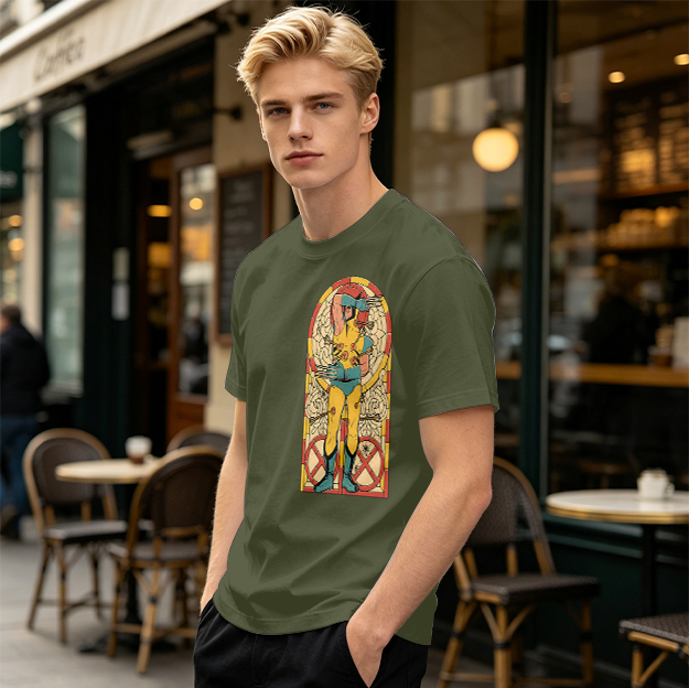 Olive T-shirt with Wolverine Stained Glass Style Print