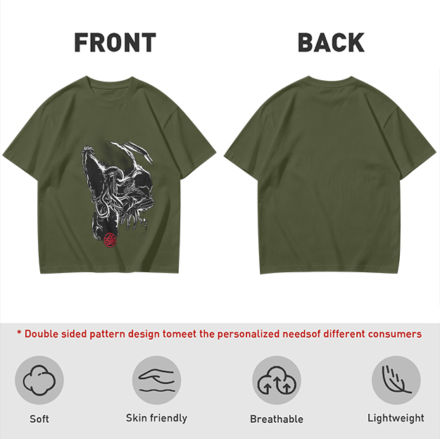 Olive T-Shirt With Dark Abstract Tentacle Creature Print