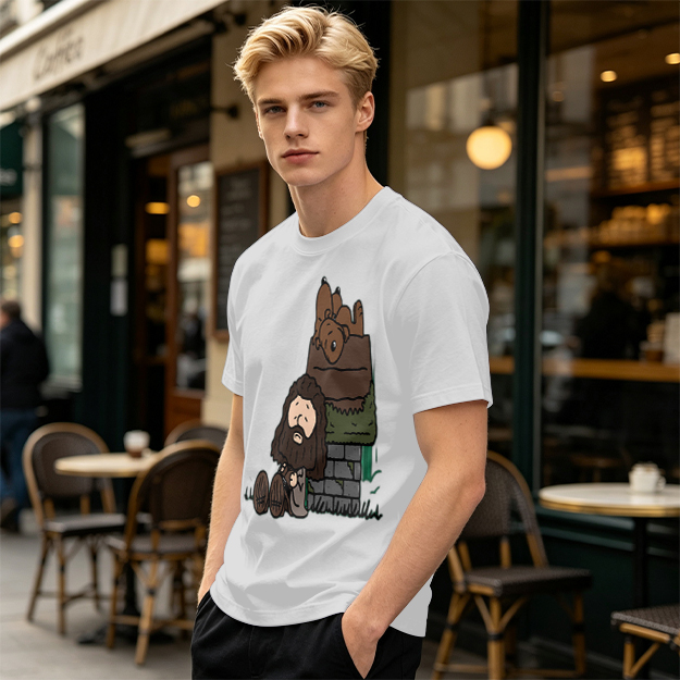 Olive T-Shirt With Cartoon Bearded Man And Doghouse Print