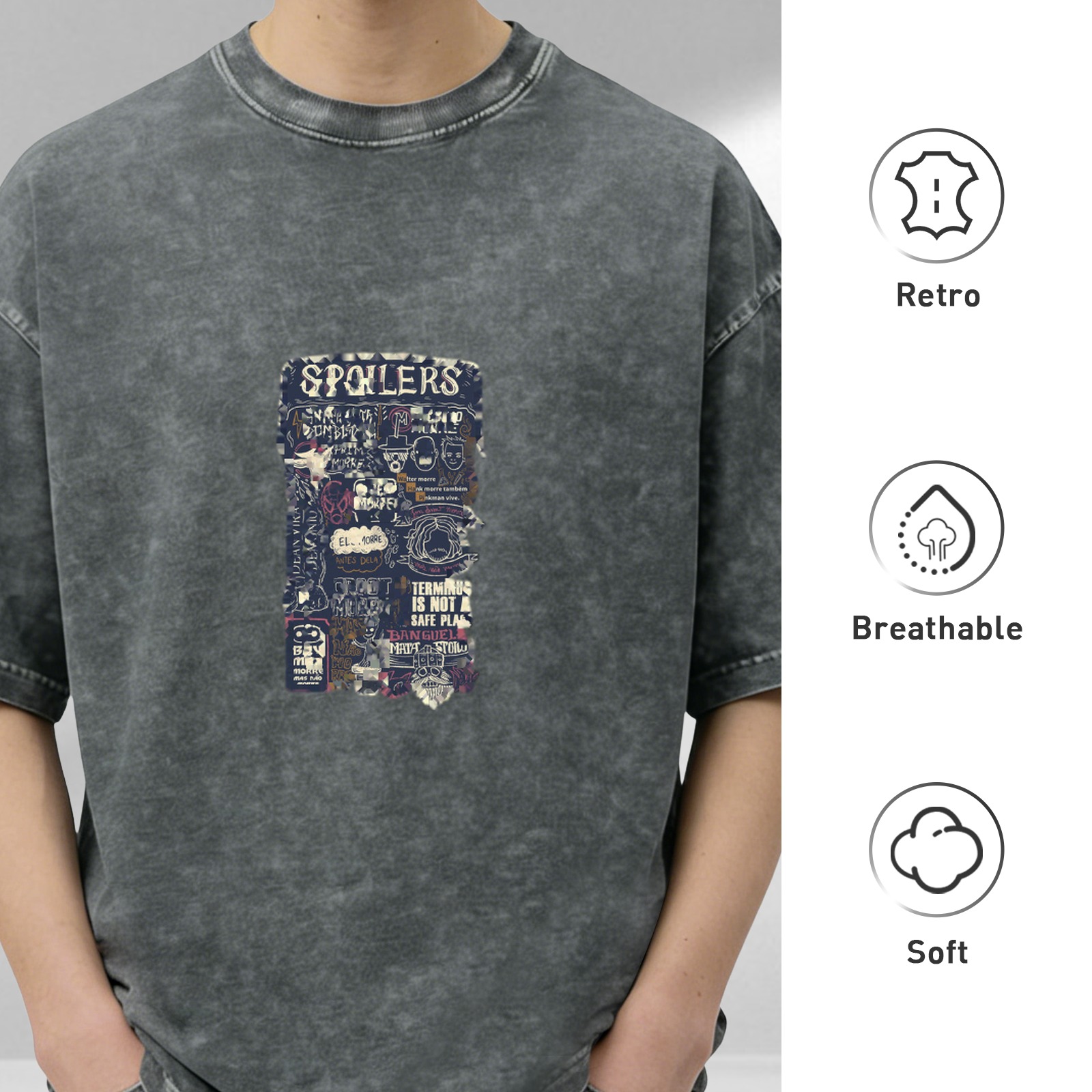 Washed black graphic t-shirt with 'SPOILERS' themed print