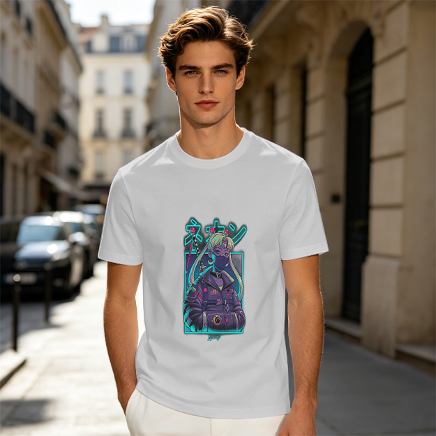 Olive T-shirt with cyberpunk anime character graphic