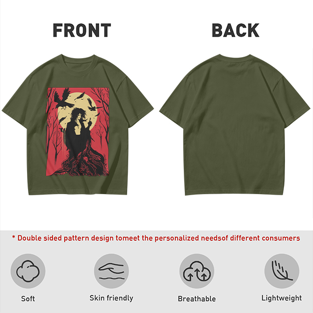 Olive T-Shirt With Gothic Crow And Moon Graphic Print