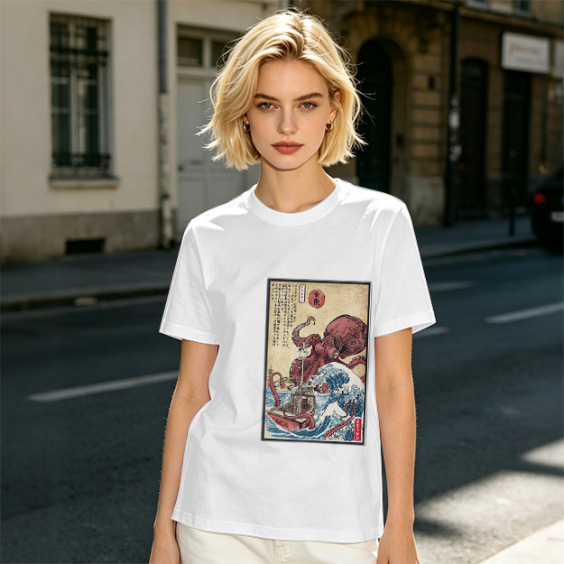 Olive T-shirt with Japanese octopus and wave woodblock print