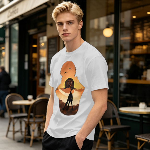 Olive Green T-Shirt With Desert Sunset Silhouette Graphic