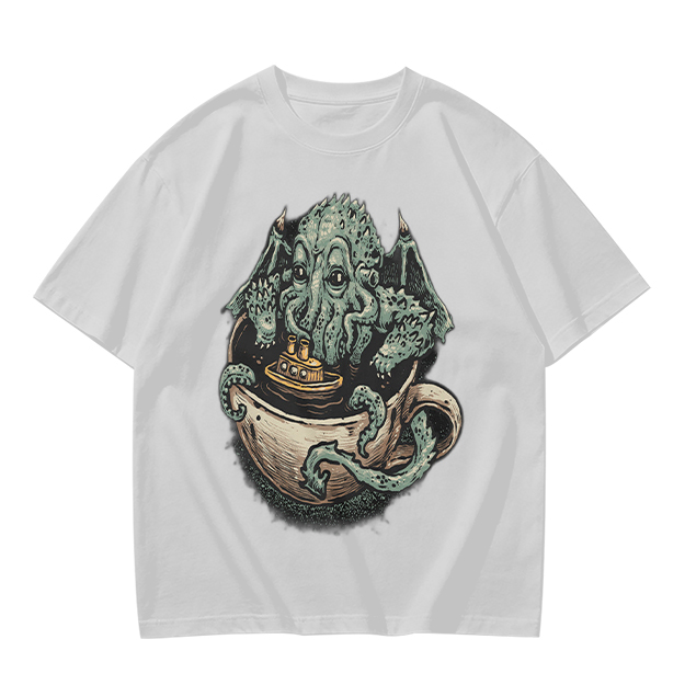 Cthulhu in a teacup with tiny ship graphic t-shirt