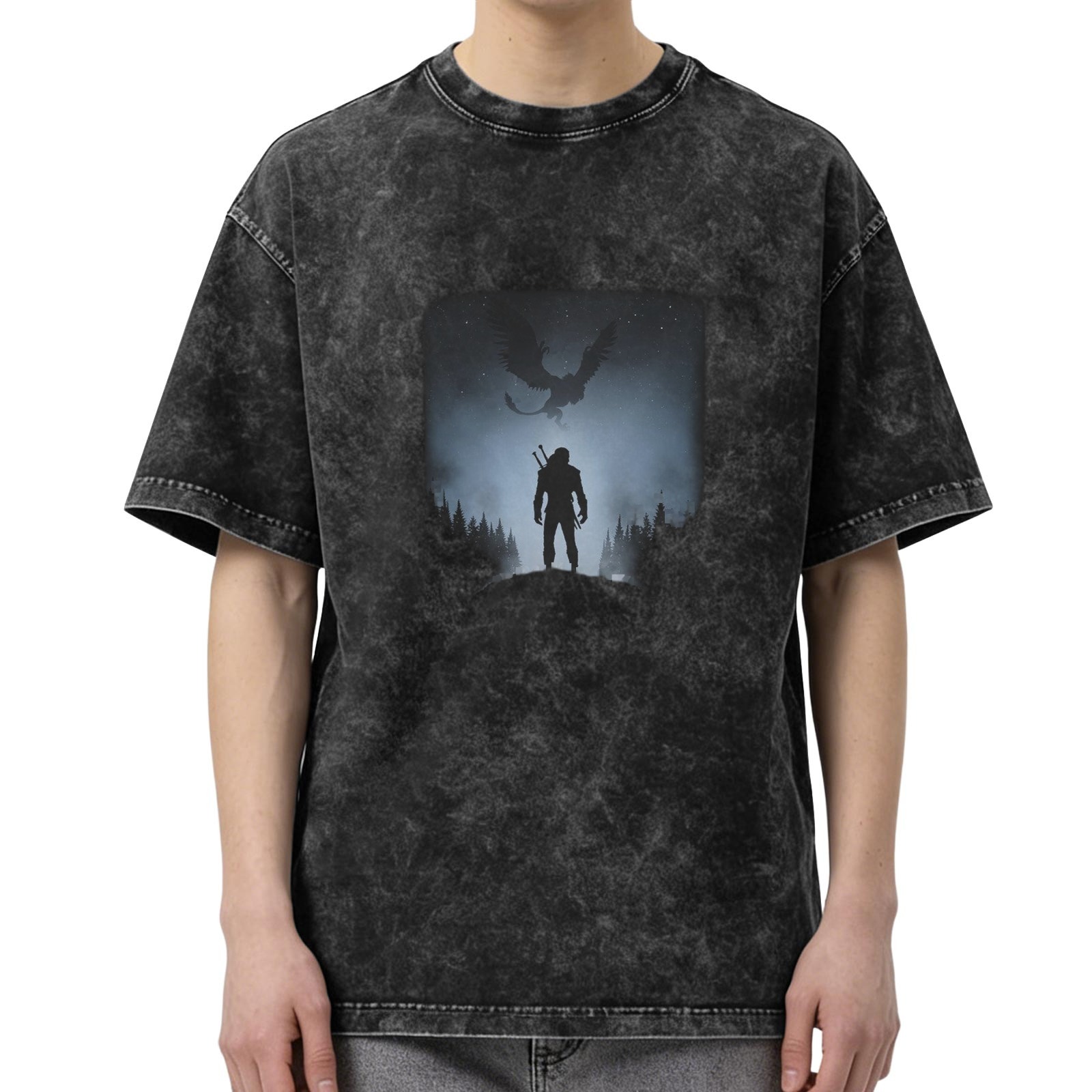 Witcher Silhouette Graphic Acid Wash Oversized T-Shirt