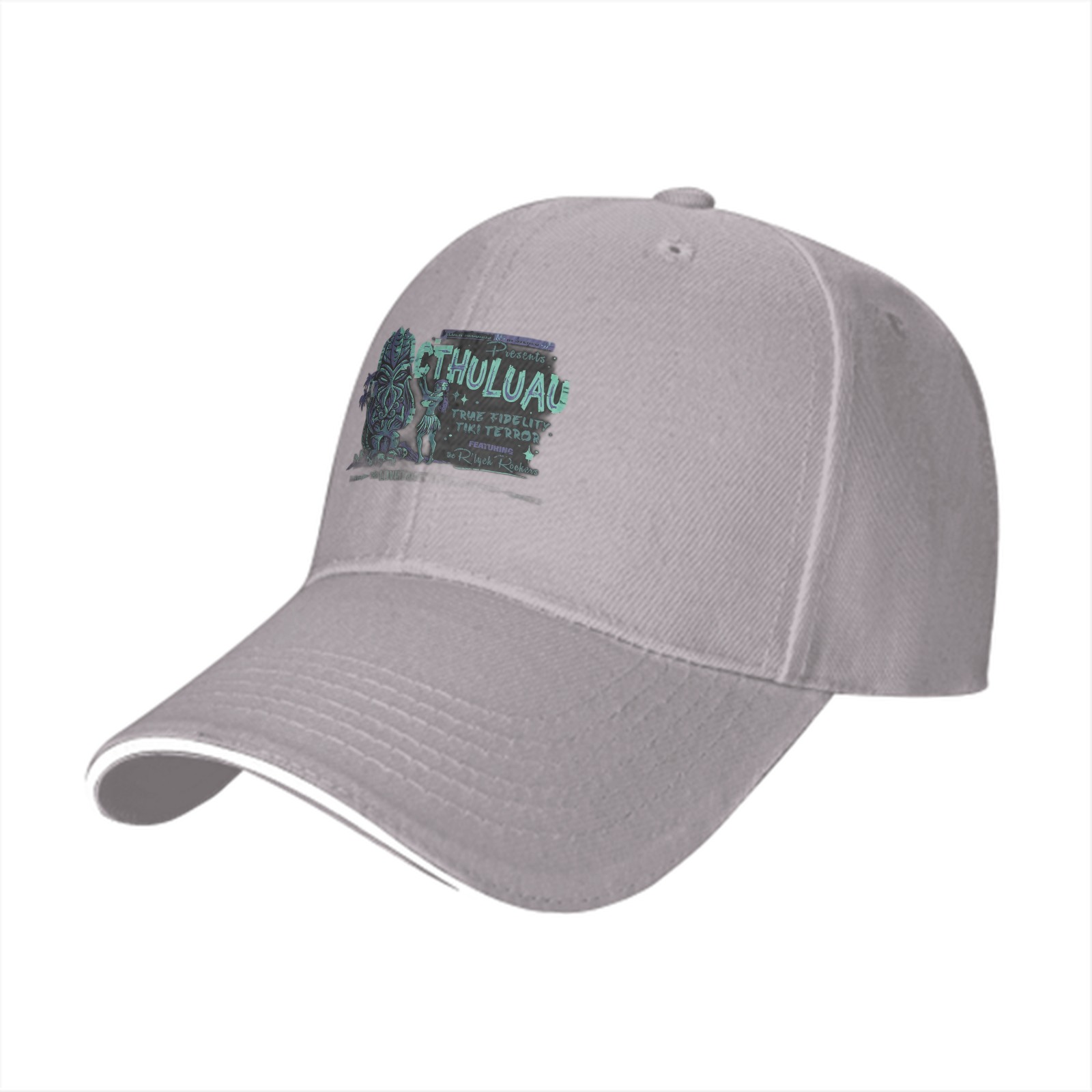 Black baseball cap with Cthuluau tiki monster graphic print