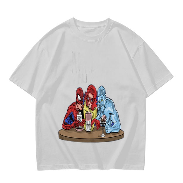 Olive T-Shirt With Superhero Characters Sharing Drinks Print