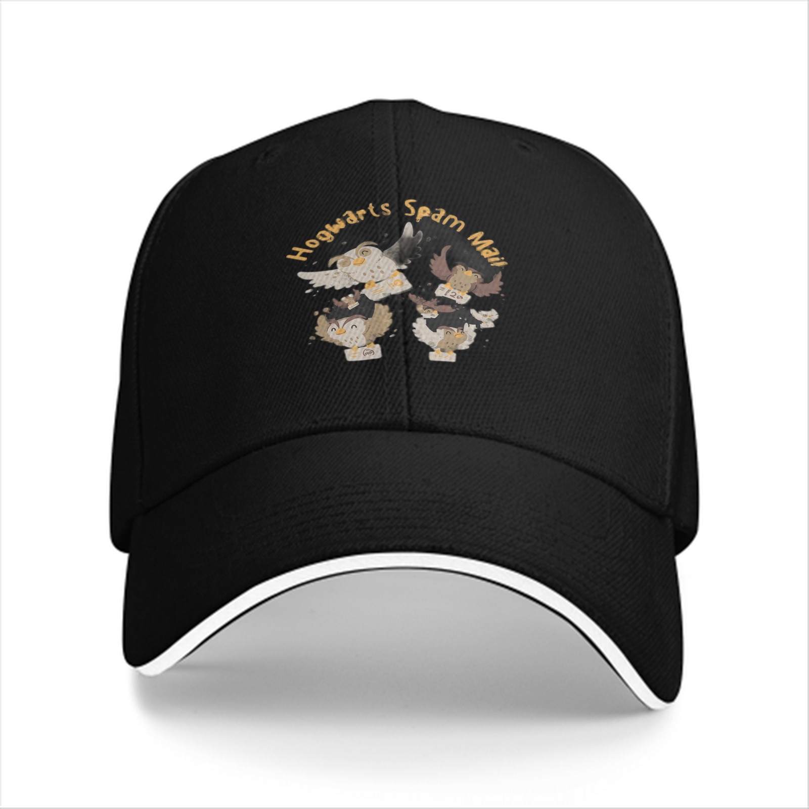 Black baseball cap with Hogwarts Spam Mail owl graphic