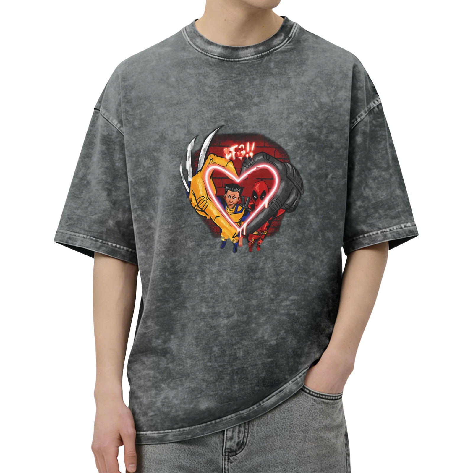 Wolverine and Deadpool Heart Neon Graphic T-Shirt