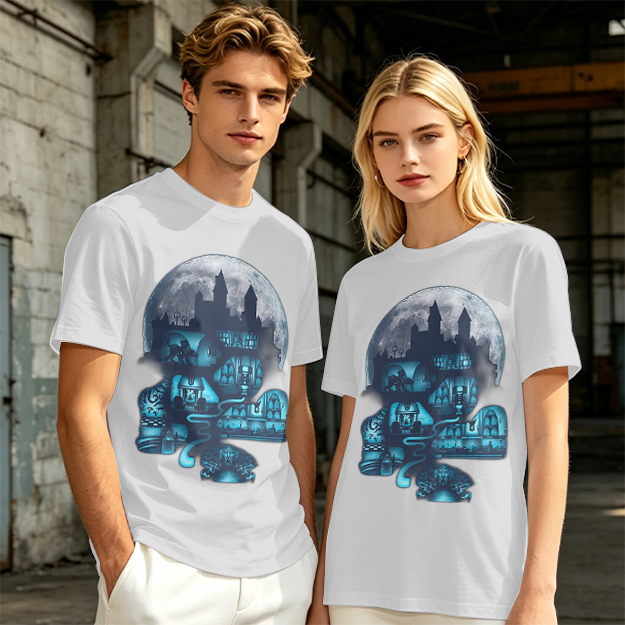 Olive T-Shirt With Glowing Castle Moon Night Graphic Print