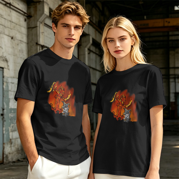Olive T-shirt with Cartoon Demon and Wizard Fantasy Print