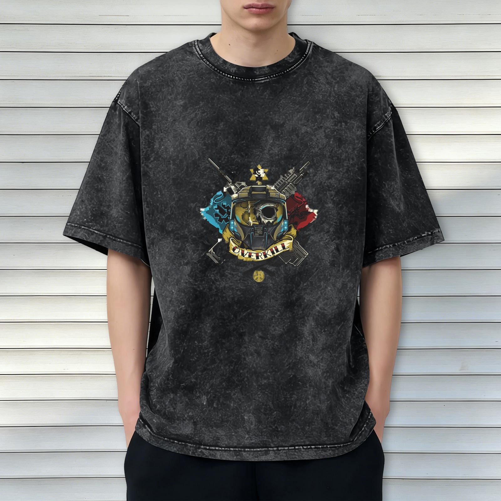 Washed black graphic t-shirt with tactical helmet overkill design