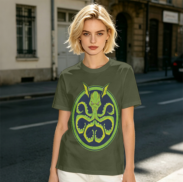 Olive Green T-Shirt with Octopus Demon Graphic Print