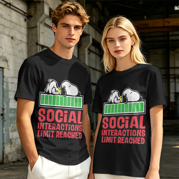 Olive t-shirt with Snoopy 'Social Interactions Limit Reached' print