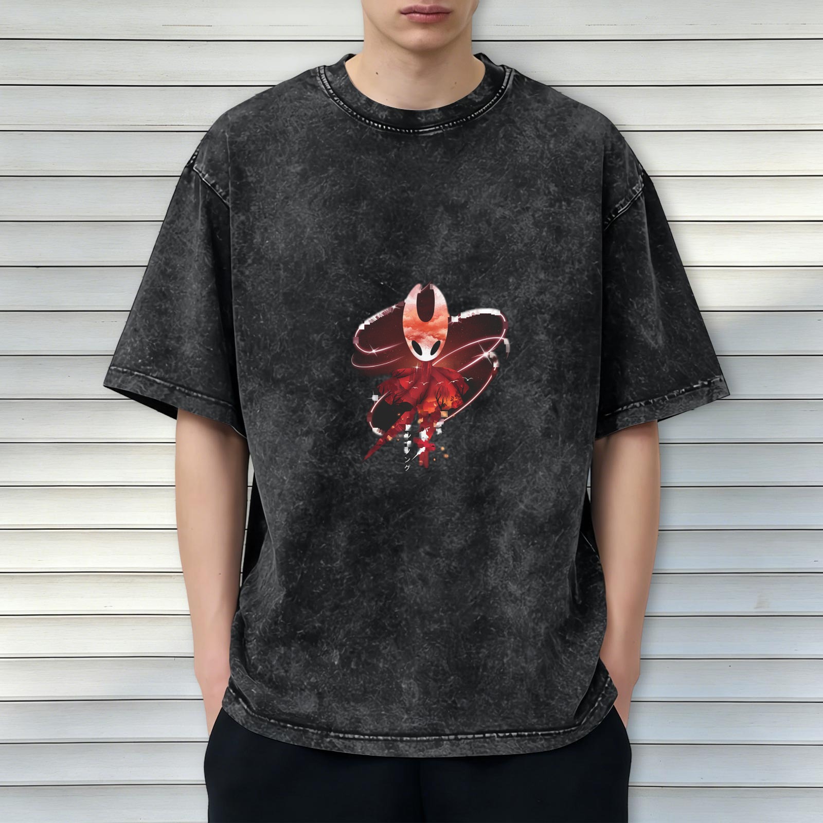 Oversized Washed Black T-Shirt with Hollow Knight Silksong Hornet Graphic