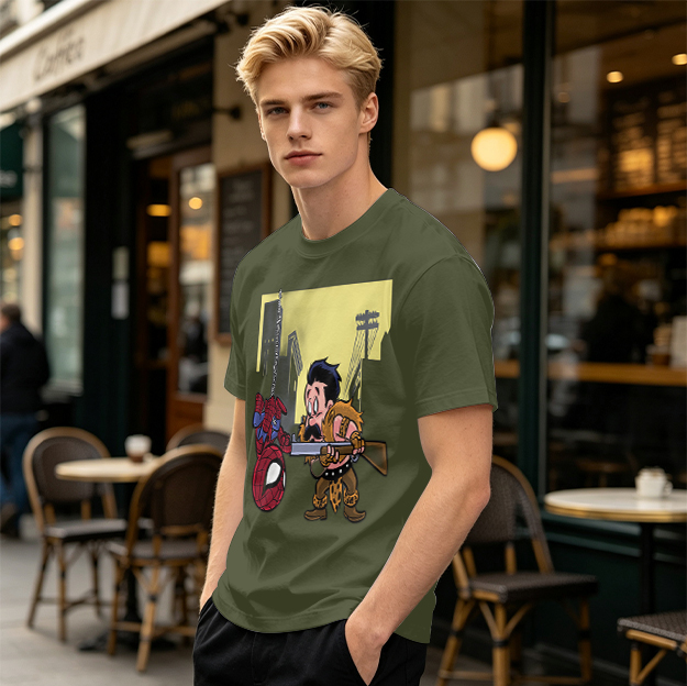Olive T-shirt with Spider-Man and Hunter Cartoon Print